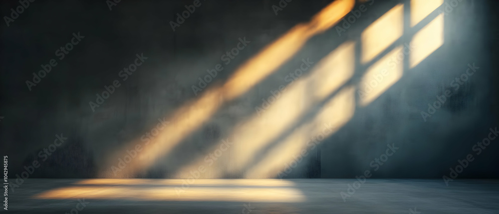 Poster a dimly lit room with sun rays casting shadows on the ground, creating a serene yet mysterious atmos