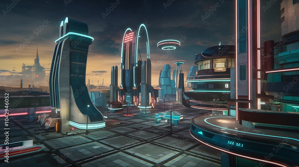 Poster a cinematic shot of a futuristic cityscape at night with neon lights and advanced architecture creat