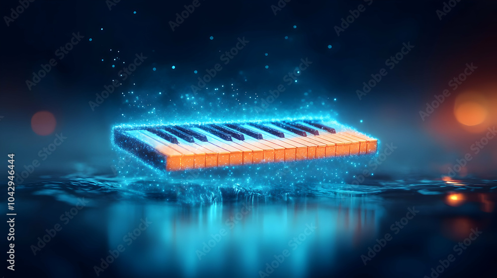 Poster a glowing keyboard floating in water, illuminated by dynamic blue and orange lights, creating an enc