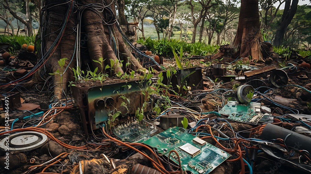 Poster fossilized technology nature reclaims the ruins of a digital world with lush growth amidst circuitry