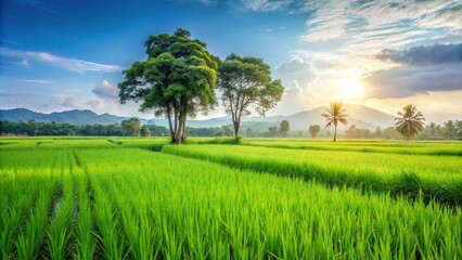 Lush green rice fields with growing rice trees