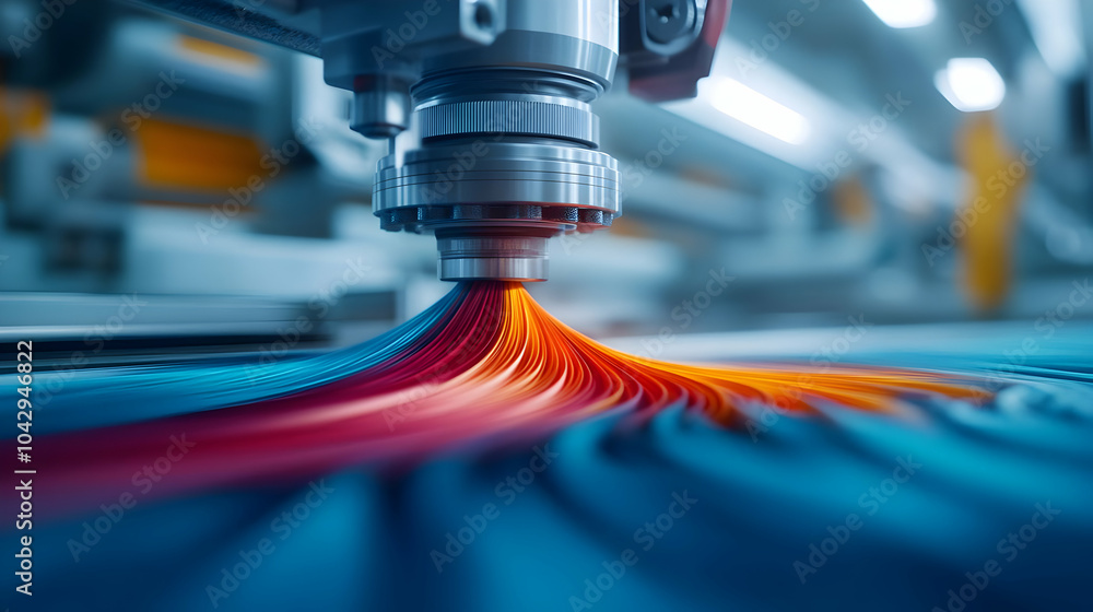Poster a high-tech machine tool creating intricate designs with colorful patterns on the surface.