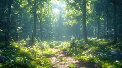 Obraz premium Lush forest path illuminated by sunlight and surrounded by greenery.
