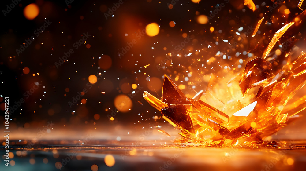 Poster dynamic explosion of orange particles creating a vibrant and energetic visual effect.