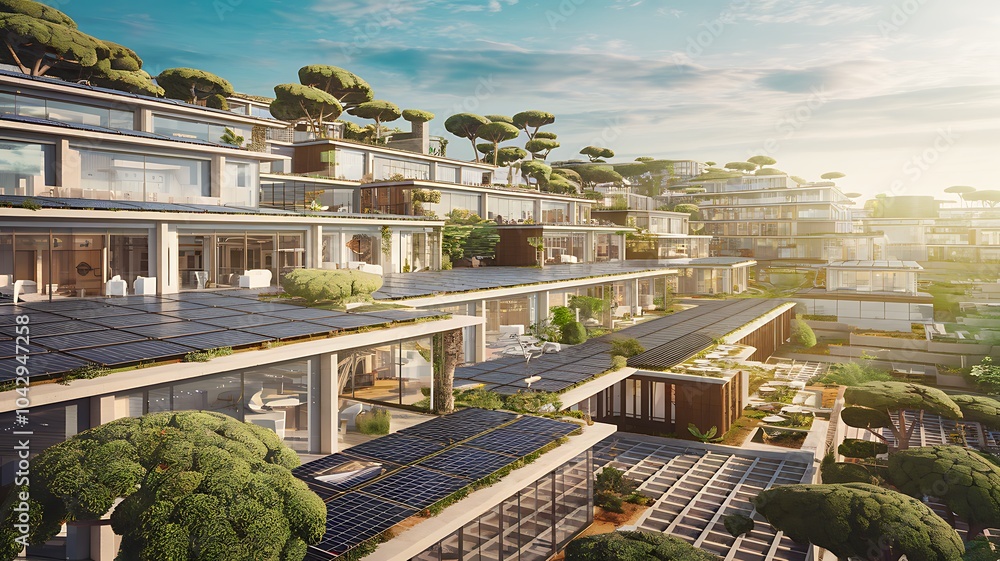 Poster a panoramic view of a solar-powered civilization sustainable architecture and green innovations tran