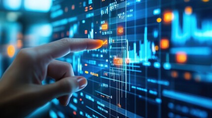 A hand interacts with a digital screen displaying data and graphs.