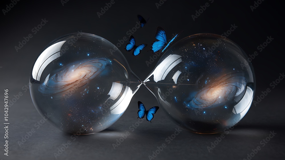 Poster a captivating cosmic hourglass exploring time through the lens of two transparent spheres and enchan