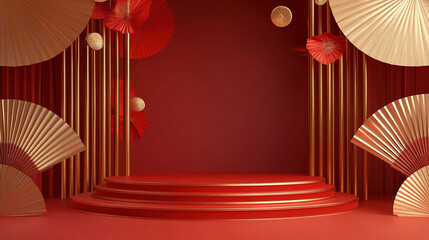 Red background with a Chinese-inspired design. Chinese New Year card design for product display presentation. 3d podium stage in the Chinese style background. Wonderful red podium. Copy space