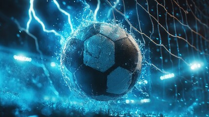 Fototapeta premium Football ball falling into the net with stadium lightning in the background