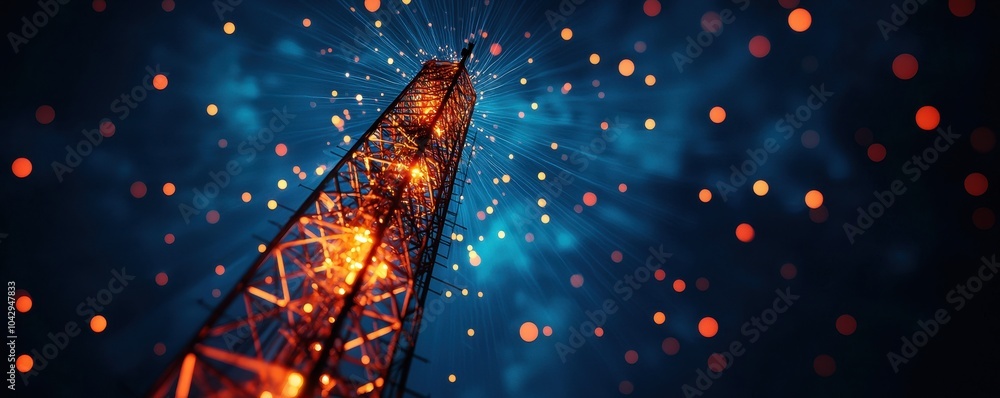 Aufkleber illuminated tower structure against a dark background with glowing particles.