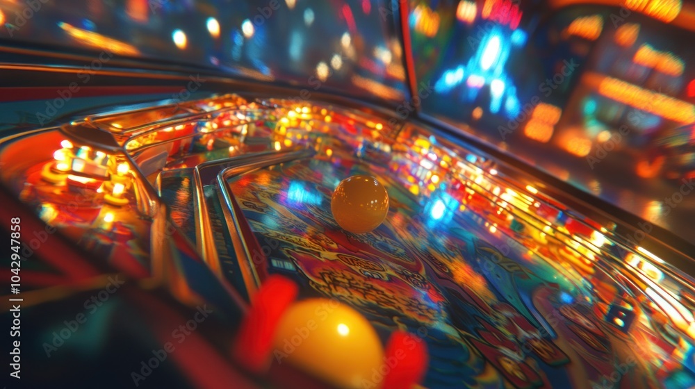 Poster Close-up of a pinball machine with two balls in play and a colorful background.