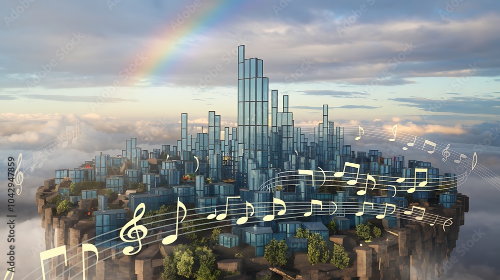 Poster a stunning floating city with glass buildings amidst clouds and a beautiful rainbow capturing the es