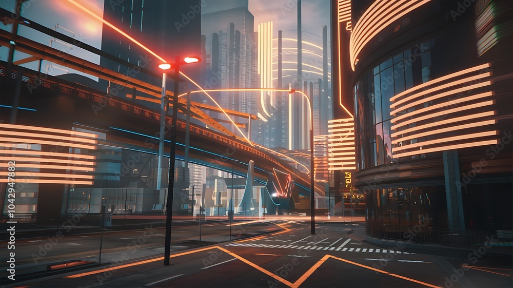 Poster Exploring a futuristic cityscape with vibrant streetlights and dynamic architecture at dusk in a neon world