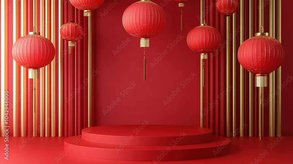 Poster red background with a chinese-inspired design. chinese new year card design for product display pres