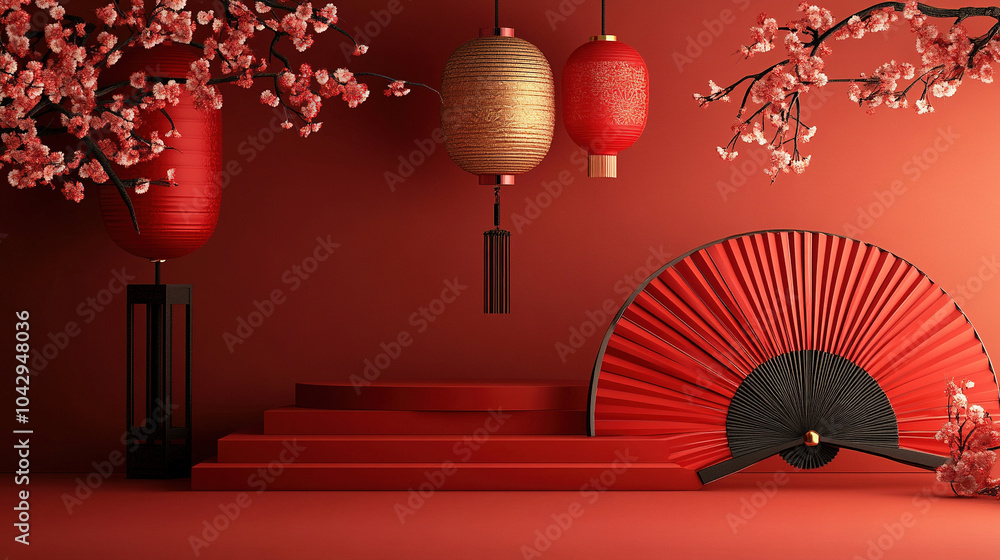 Poster red background with a chinese-inspired design. chinese new year card design for product display pres