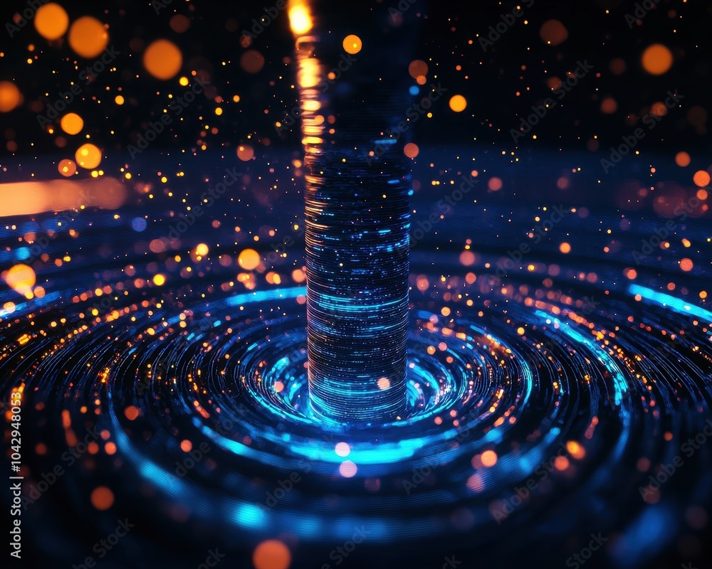 Poster futuristic glowing vortex with particles and a central column, dark background.