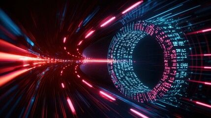 Obraz premium Futuristic tunnel with glowing lights and digital elements, abstract background.