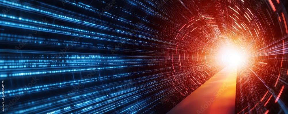 Poster digital tunnel with beams of light and data in motion towards a bright center.