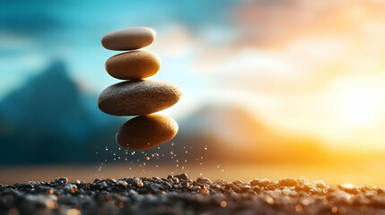 Obraz premium Balanced stones in harmony, representing tranquility and mindfulness against a serene sunset backdrop.