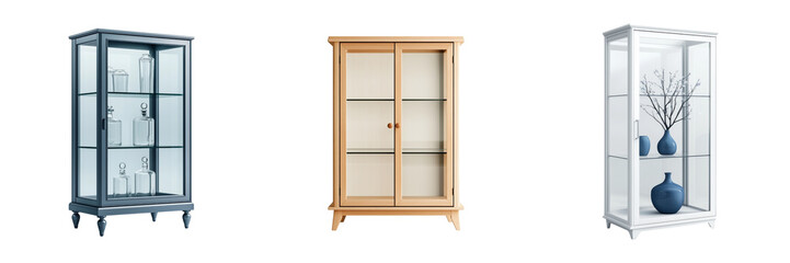 tall transparent display cabinet with glass doors and shelves, ideal for showcasing decorative items isolated on transparent background