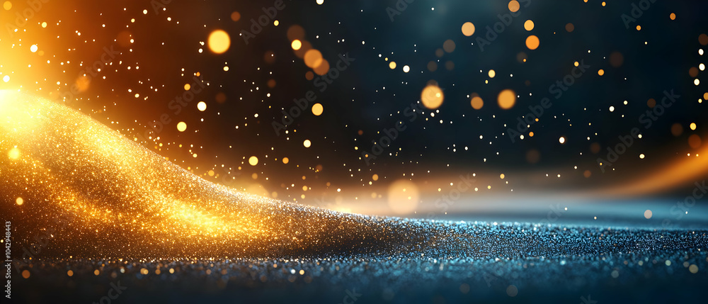 Poster dynamic abstract background with shimmering golden and blue particles, creating a sense of depth and