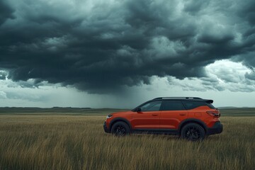 Fototapeta premium Red SUV parked in a field. This image captures a feeling of solitude and the anticipation of a storm.