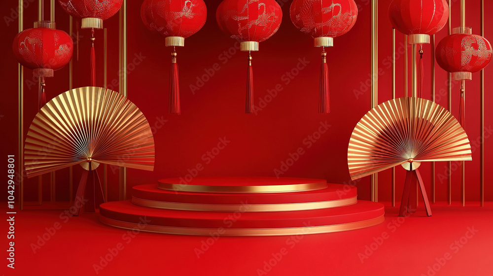 Poster red background with a chinese-inspired design. chinese new year card design for product display pres