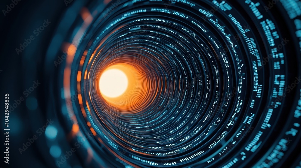 Poster abstract digital tunnel visualization with glowing light at the end.