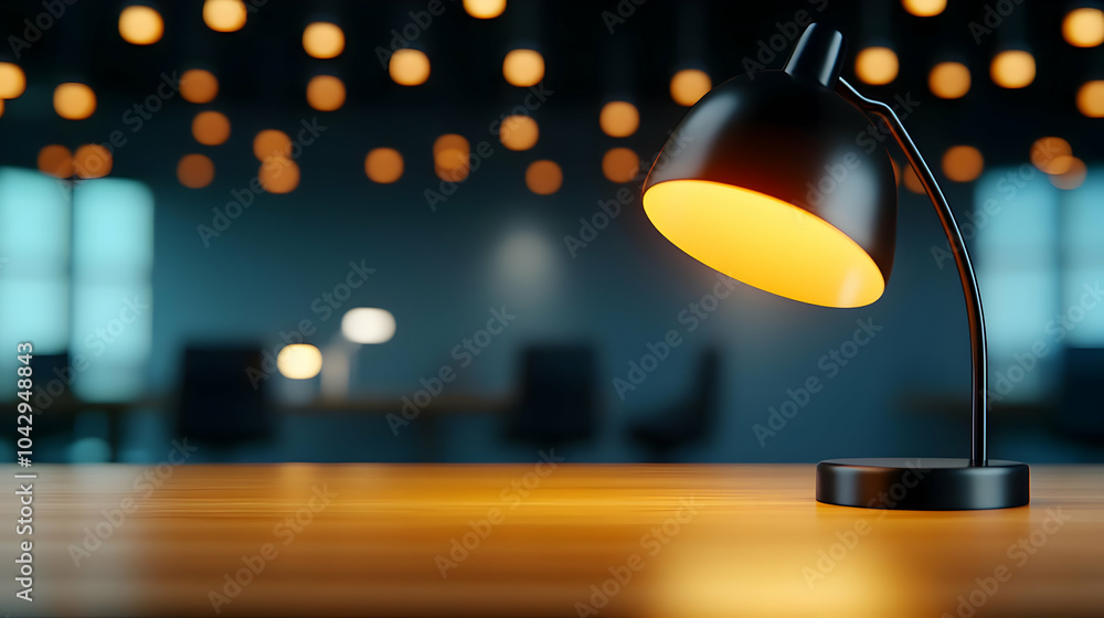 Poster a stylish desk lamp illuminating a modern workspace with soft bokeh lights in the background.