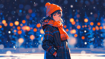A girl is standing outdoors during a snowy winter evening. She is wearing a warm coat, scarf, and an orange beanie hat