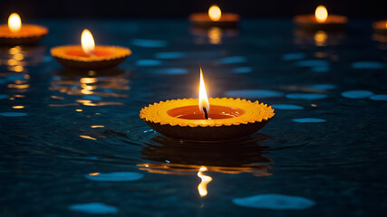 Diwali oil lamps Diya floating on water at night 