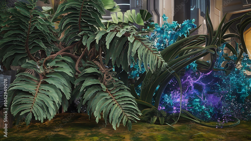 Poster a captivating scene of prehistoric ferns intertwining with bioluminescent flora in a futuristic land