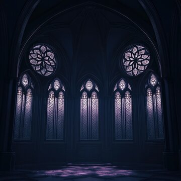 Gothic cathedral with arches and rose windows deep colors dramatic shot