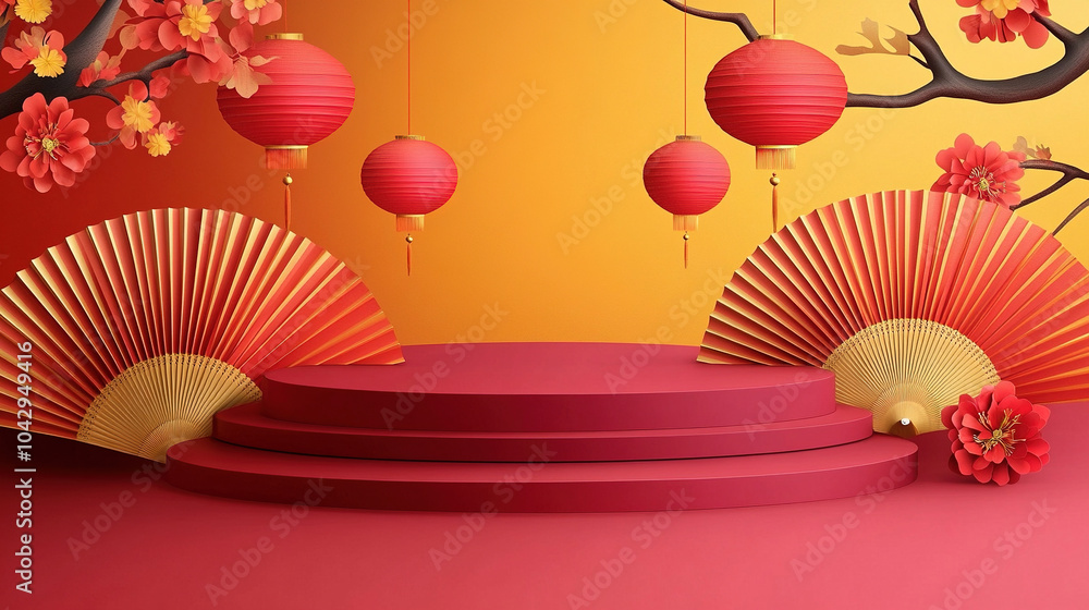 Poster red background with a chinese-inspired design. chinese new year card design for product display pres