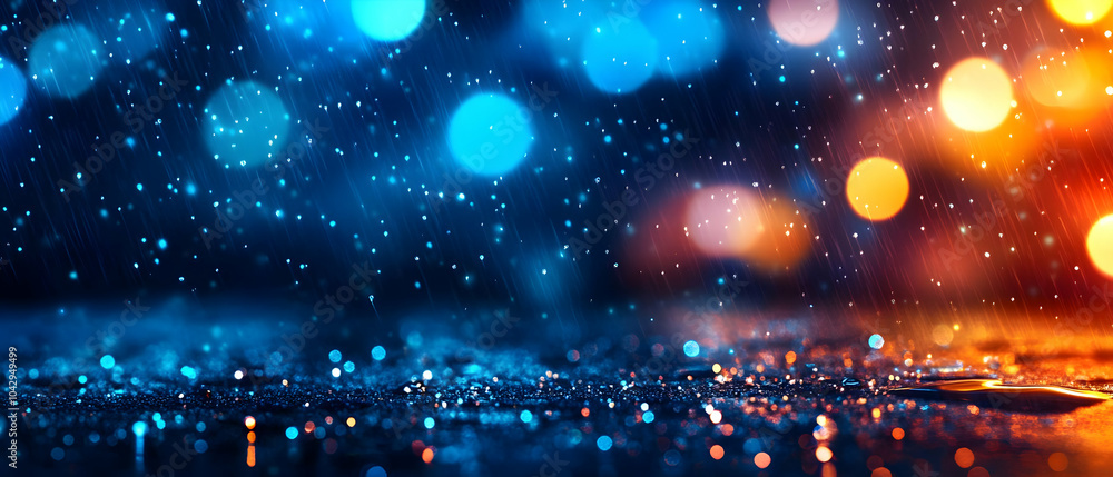 Poster rain droplets on a reflective surface with colorful bokeh lights in the background, creating a vibra