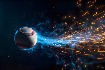 An exhilarating baseball moment with the ball swiftly traveling, creating blue smoke and golden sparks. The scene captures dynamic energy and excitement of sports, showcasing athleticism
