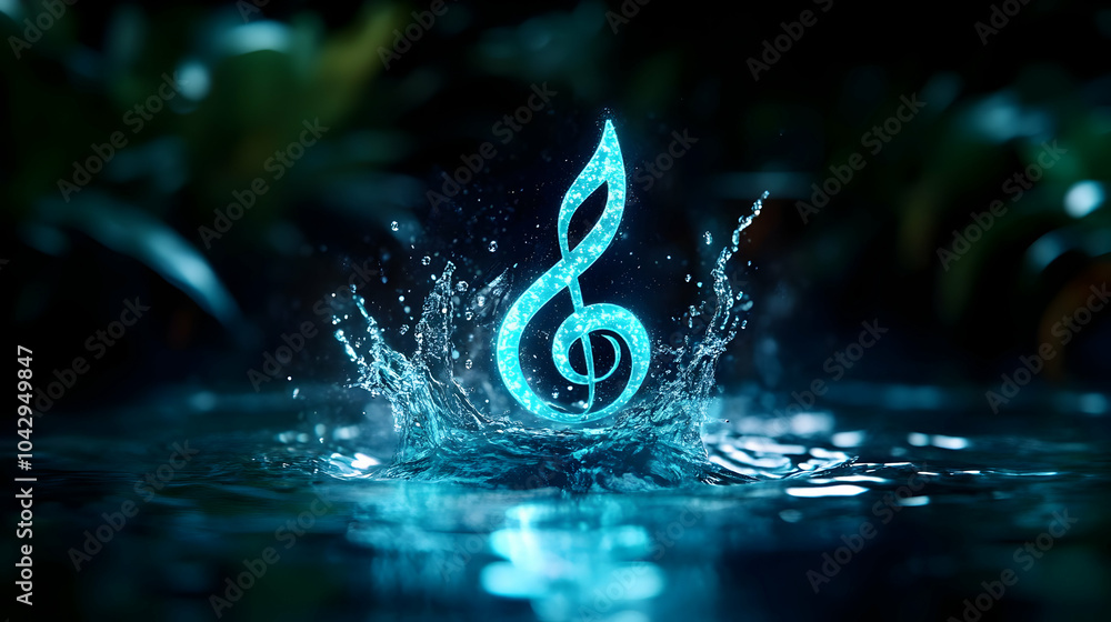 Poster a vibrant musical note splashing in water, creating a captivating visual display in a lush environme
