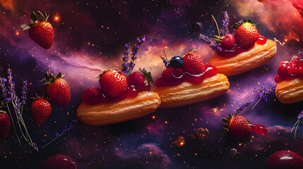 Colorful desserts floating in a cosmic background with strawberries and lavender, an imaginative surreal culinary scene.