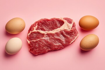 Fresh raw steak eggs on pink background