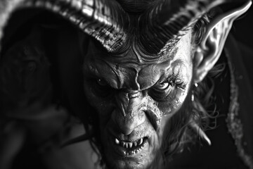 Scary sinister devil is in hell with dramatic fire lighting on the background