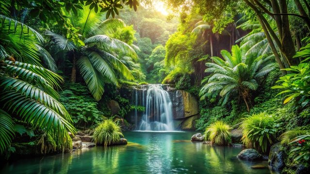 Lush tropical jungle foliage surrounding small waterfall with pond Depth of Field