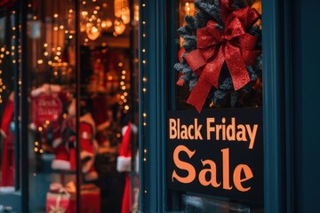 Holiday-Themed Storefront Sale: A storefront decked out with holiday decorations and large "Black Friday Sale" posters hanging in the windows