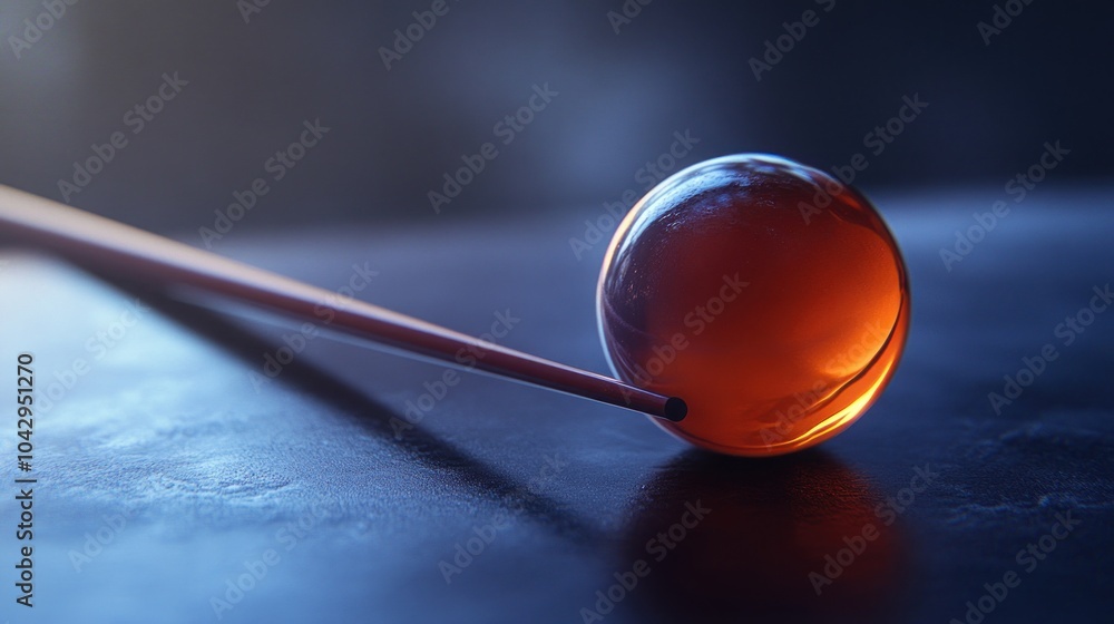 Poster a single, amber-colored glass sphere rests on a black surface, with a long, thin rod extending from 