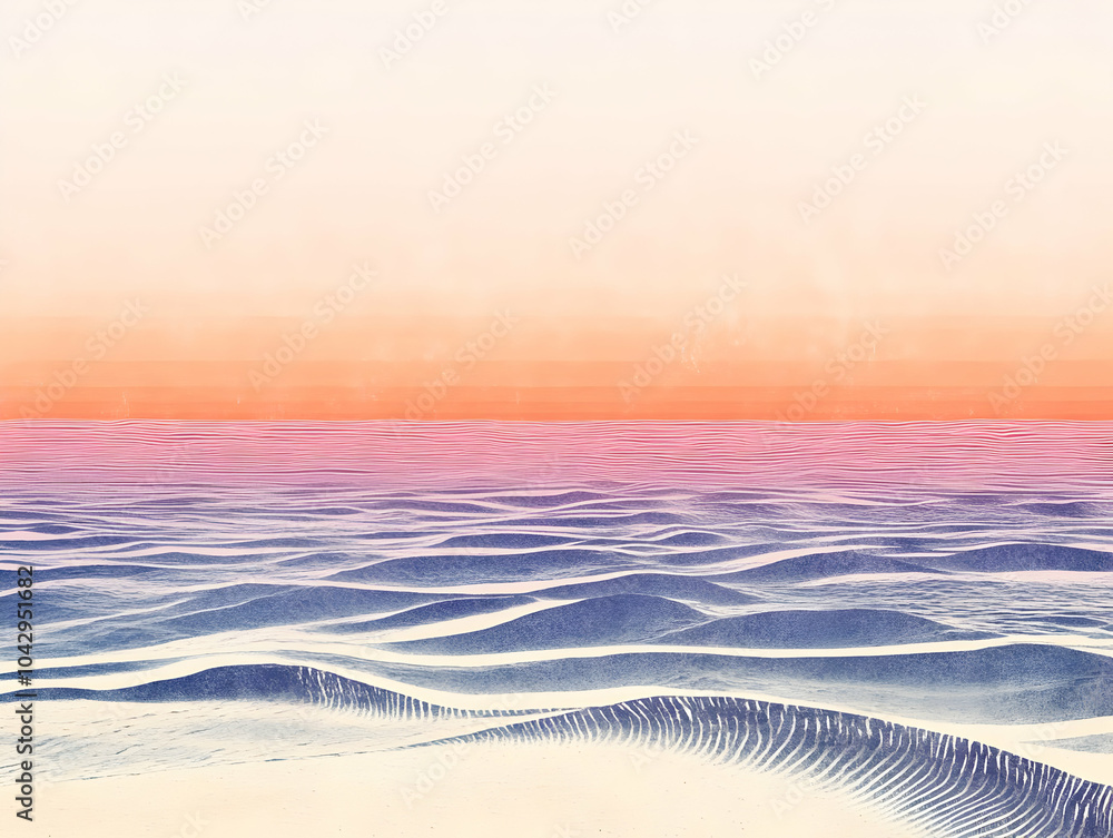 Poster abstract ocean waves with a soft pastel horizon and tranquil gradient colors, creating a serene and 