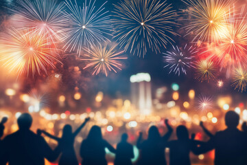 Joyful Celebration with Fireworks Display at Night