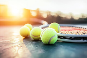 Tennis Racket and Balls on a Court at Sunset