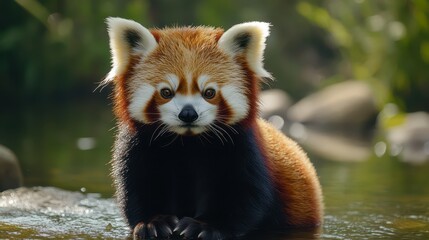 Fototapeta premium Captivating red panda in natural habitat at dusk