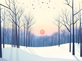Winter landscape with bare trees silhouetted against a pastel sunrise in a snowy field.
