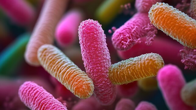 Close-up view of colorful rod-shaped bacteria with textured surfaces 