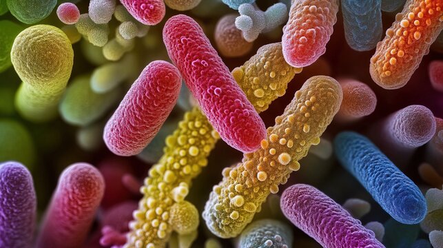Close-up view of colorful rod-shaped bacteria with textured surfaces 